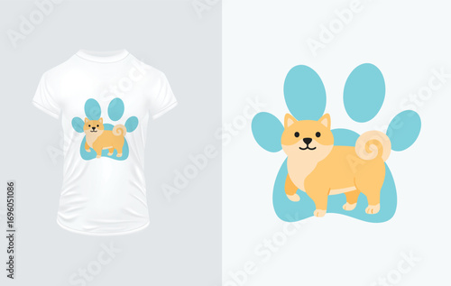 Cute Shiba Inu dog with paw print graphic for t-shirt mockup Keywords: dog, puppy, shiba inu