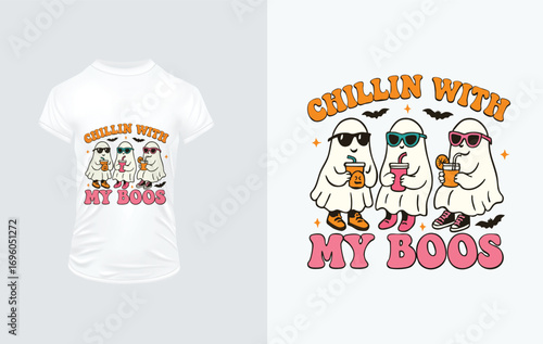 Retro Halloween Ghosts Chilling With My Boos T-shirt Design drink