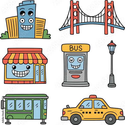 Cartoon City Icons Buildings, Transportation, and Landmarks