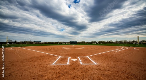 Full outdoor softball field under a dramatic sky with heavy clouds.