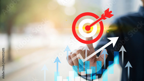 Business growth target, businessman touching digital target icon with arrow, data analytics and marketing strategy, financial success concept, upward arrows and bar chart graph