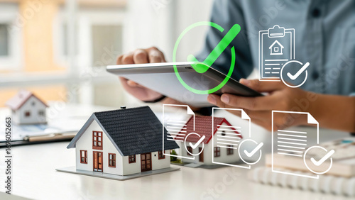 Real estate contract approval, digital mortgage application, property investment, house loan agreement, businessman using tablet for online document verification, smart property management, 