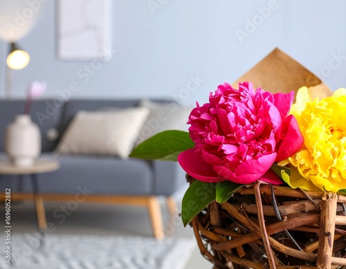 Vibrant peonies in a woven basket, modern living room