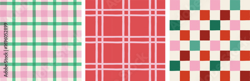 Christmas patterns set. Merry Christmas backgrounds, seamless patterns. Plaid, Checked pattern design. Red, green and pink Xmas colors