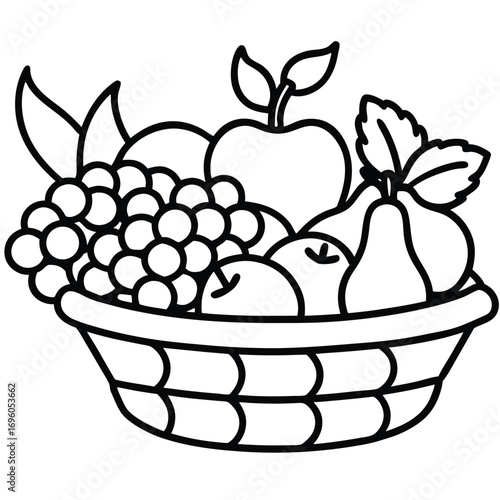 Simple outline shows fruit basket filled with apples, grapes, and pears on transparent background