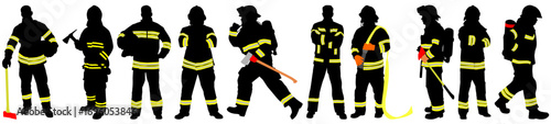 firefighter silhouettes with equipment axe, oxygen cylinder, helmet 