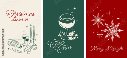 Merry Christmas, hand drawn illustrations, vertical Christmas cards in modern vintage style. Christmas eve dinner, wine, candles, tree decorations elements