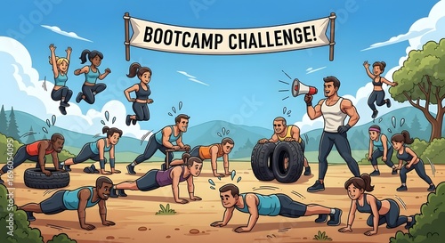 Energetic outdoor fitness bootcamp with a diverse group of individuals tackling a challenging workout session led by a coach