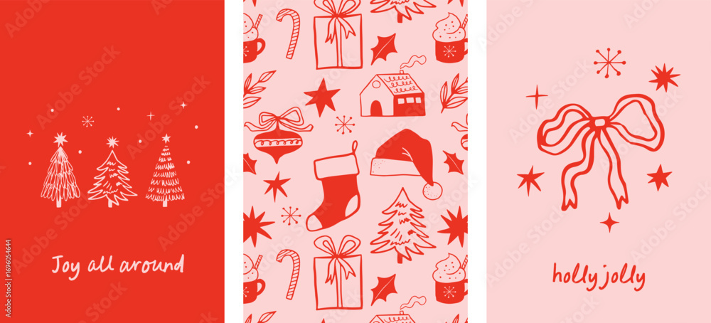 Naklejka premium Merry Christmas, hand drawn illustrations, vertical Christmas cards in modern vintage style. Christmas eve, whimsical bows, Christmas tree, wine, vintage toys, gifts and tree decorations elements