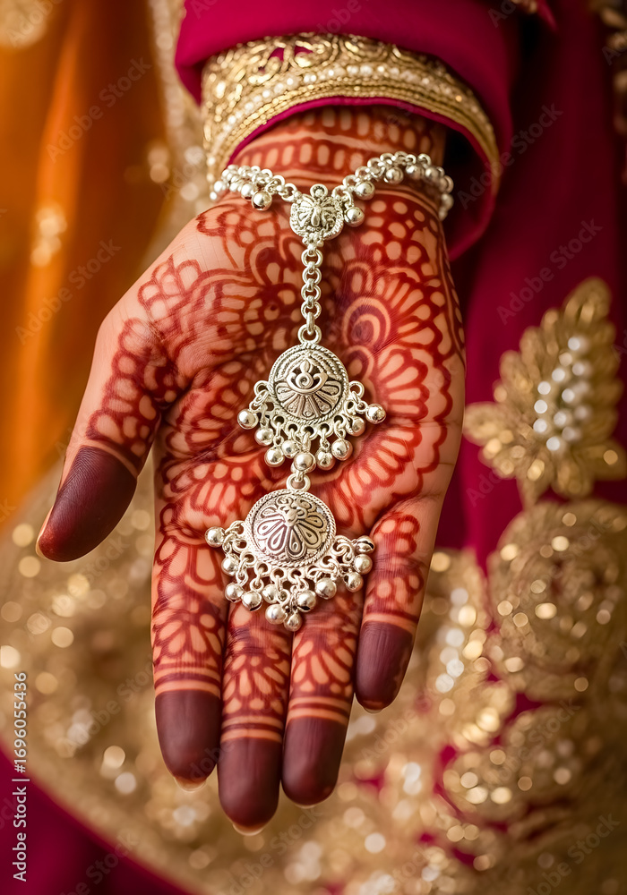 Fototapeta premium Bridal mehndi art on hand with traditional Indian jewelry detail shot