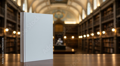 Elegant scene of a white book mockup for cover design, set against a beautifully blurred, vintage library interior