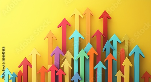 Colorful Arrows Pointing Upward Against a Bright Yellow Background Representi...