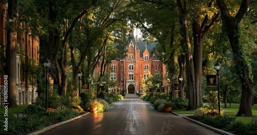 Beautiful Historic Building Surrounded by Lush Greenery at Sunset