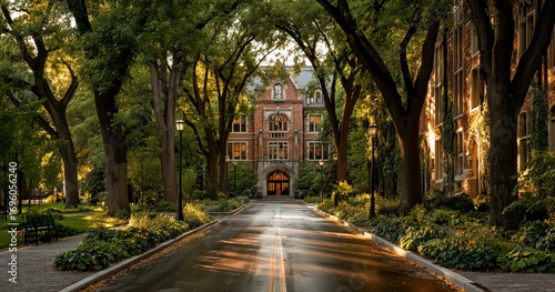 Evening Light Casts a Warm Glow on a Historic Building Surrounded by Lush Tre...