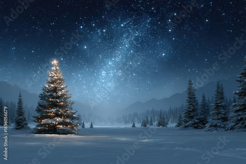 enchanting winter landscape with majestic christmas tree illuminated by ar firework display set against starry sky