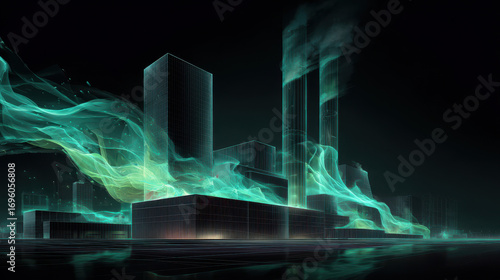 Smart eco factory with advanced sensor technology showcases futuristic design, blending innovation and sustainability in vibrant urban landscape