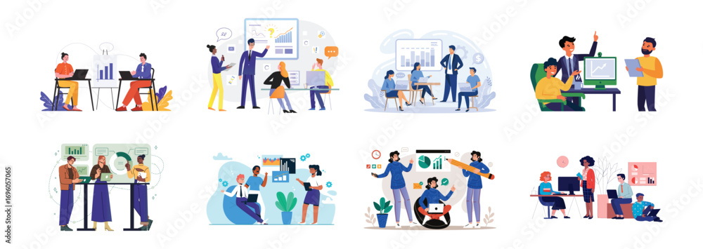 Fototapeta premium Business Illustration Set: Corporate Strategy, Finance, Marketing, Teamwork, Leadership, Innovation, Startup Growth, Analytics, Office Work, Planning, and Success Vector Illustrations