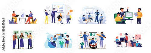 Business Illustration Set: Corporate Strategy, Finance, Marketing, Teamwork, Leadership, Innovation, Startup Growth, Analytics, Office Work, Planning, and Success Vector Illustrations