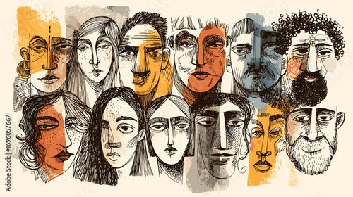 Abstract illustration of diverse faces with expressive features.