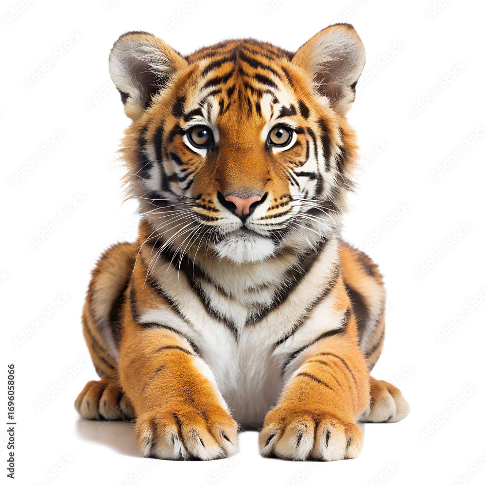 Fototapeta premium A captivating tiger cub, isolated on transparent background, lies gracefully, its striking stripes and innocent gaze embodying the allure of the wild