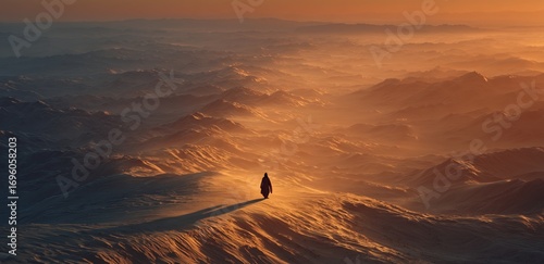Majestic Sunset Over Snowy Mountains With Solitary Figure in the Distance