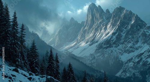 Majestic Mountain Landscape Under Cloudy Sky in Winter With Snow-Covered Peak...