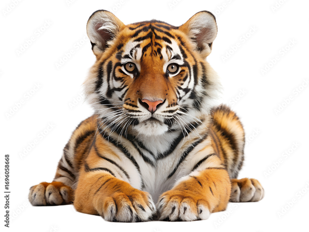 Obraz premium A charming tiger cub lying down isolated on transparent background, its bright orange and black stripes contrasting beautifully against the clean backdrop
