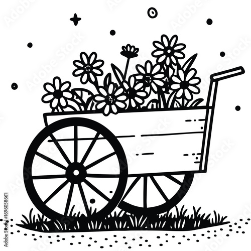 Black and white drawing shows a wooden cart full of daisy flowers amongst star details