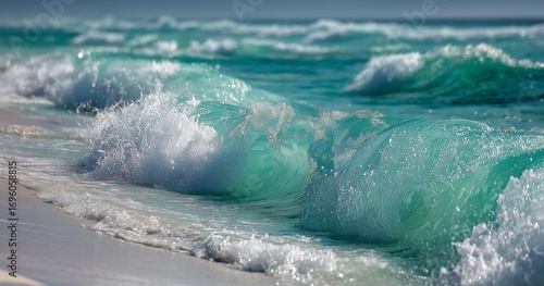 Waves Crash on the Shore at a Serene Beach During a Sunny Day With Fluffy Clo...