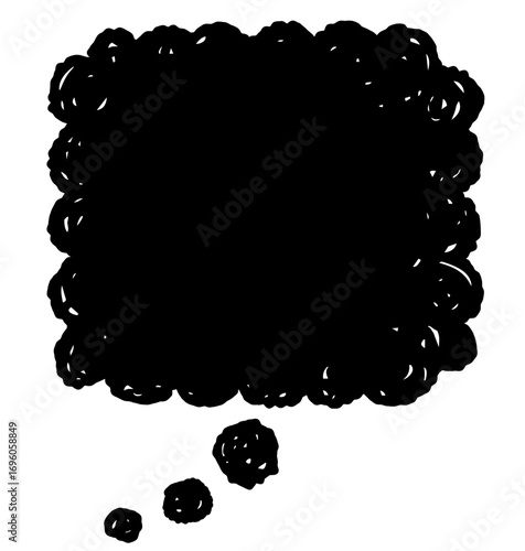 もやもやした手描きのふきだし。黒い吹き出し。悩み、考えているフキダシ。