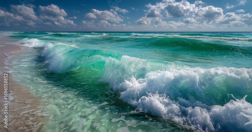 Waves Crash on the Shore at a Serene Beach During a Sunny Day With Fluffy Clouds