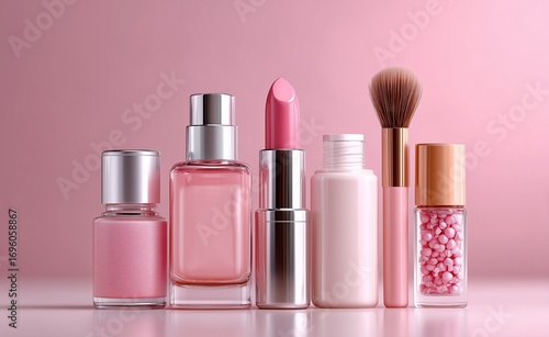Elegant Display of Feminine Beauty Products Arranged in a Stylish Layout.
