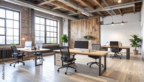 Modern office interior with brick walls, desks, and large windows providing natural light