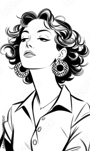 Wallpaper Mural Woman with short hair and a white shirt. She is wearing earrings and a necklace. The image is a black and white drawing Torontodigital.ca