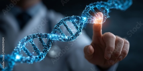 Medical Professional Interacting With Glowing DNA Strand in Laboratory Setting