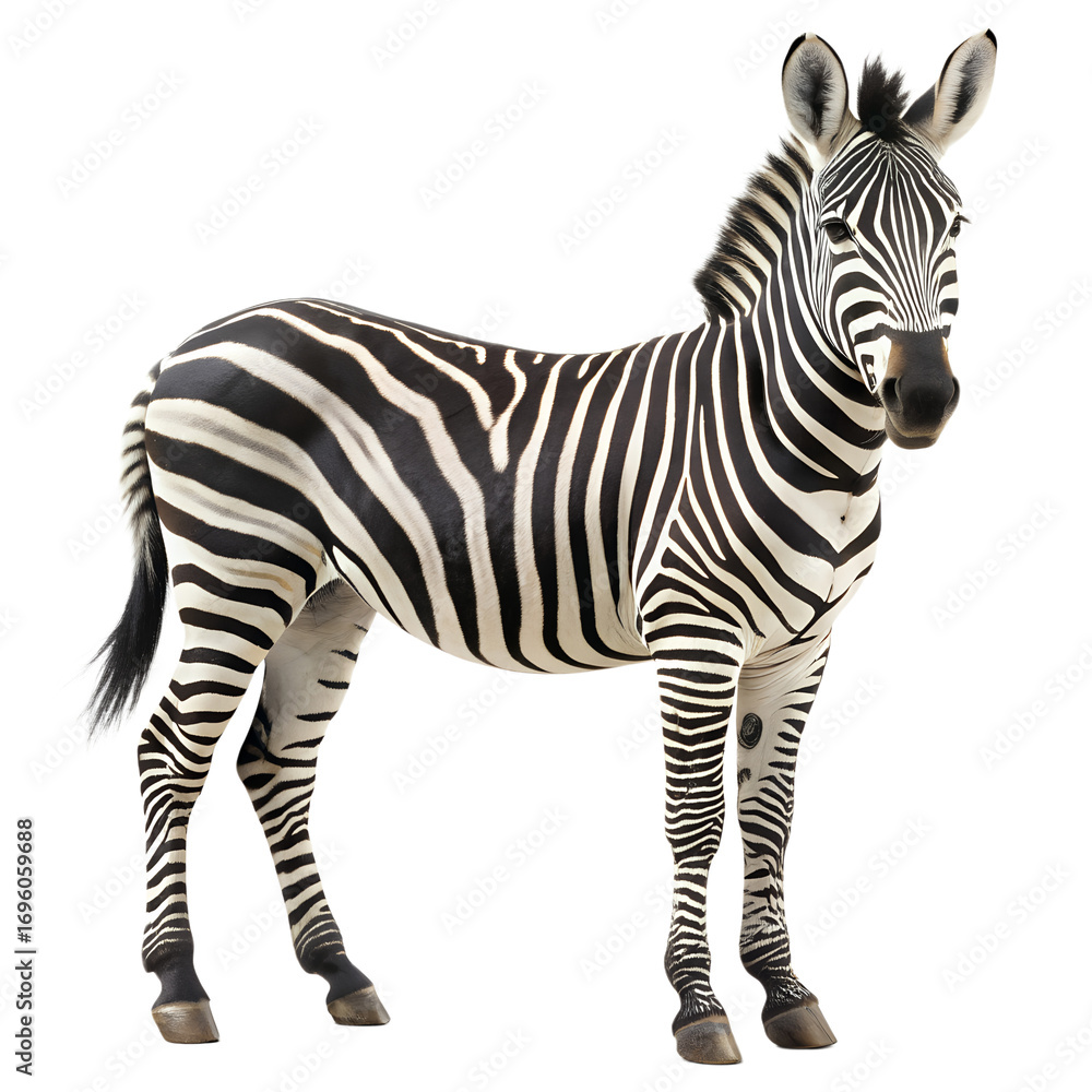 Fototapeta premium Full body studio shot of a zebra isolated on transparent background the zebra is standing and looking at the camera with a curious expression on its face
