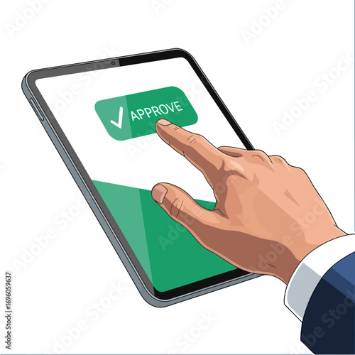 Online Approval - Professional hand confirming a document on a tablet, symbolizing a modern and efficient electronic process.
