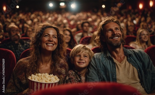 Family Enjoys a Movie Together in a Crowded Theater With Popcorn in Hand Duri...