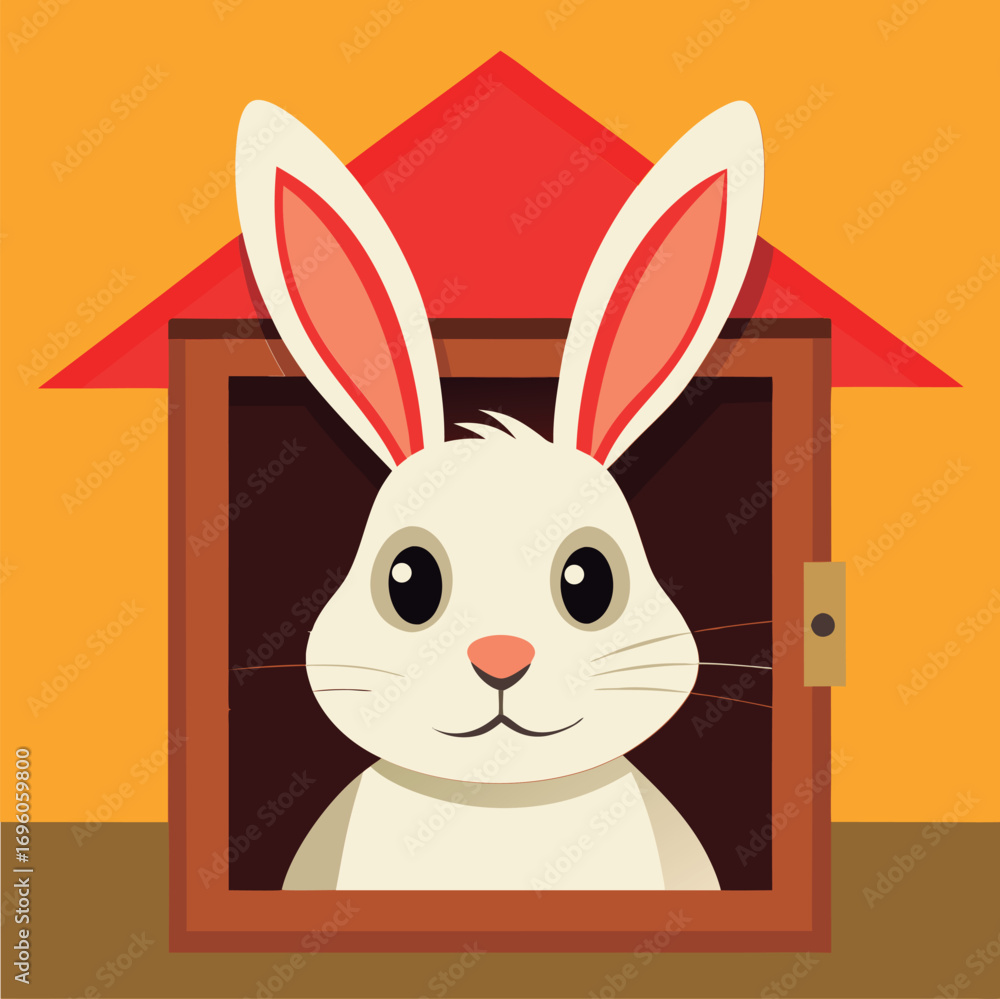 Obraz premium Cute rabbit in a cozy little house.