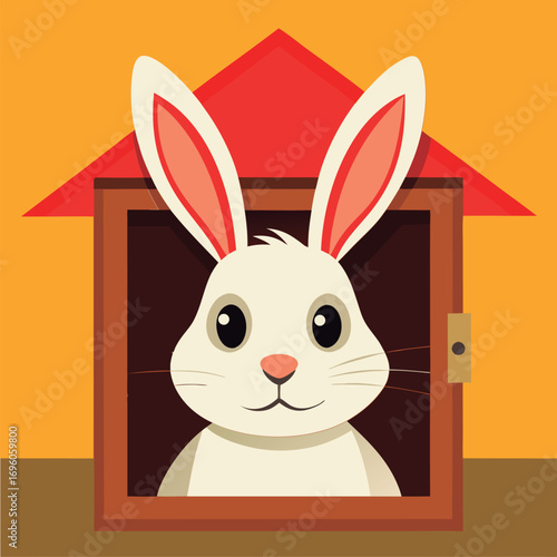 Cute rabbit in a cozy little house.