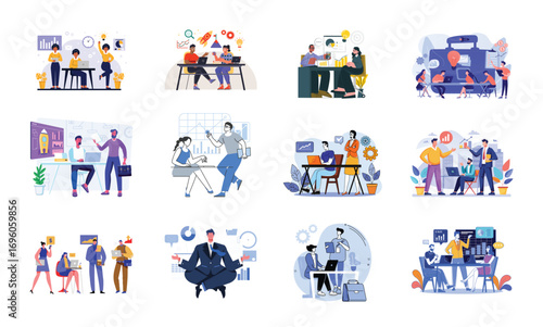 Business Illustration Set: Corporate Strategy, Finance, Marketing, Teamwork, Leadership, Innovation, Startup Growth, Analytics, Office Work, Planning, and Success Vector Illustrations