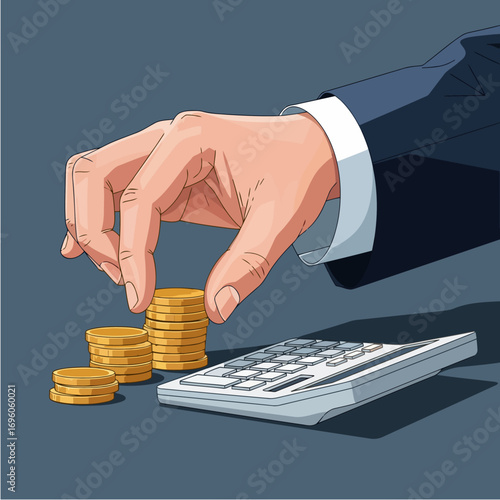 Financial Planning - Professional hand arranging coins, symbolizing savings, investment strategy, and economic management.