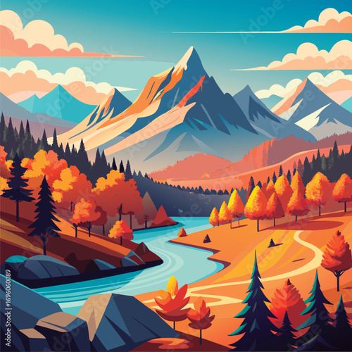 Autumn mountain landscape with river.