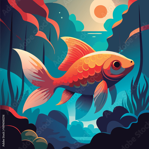 Vibrant goldfish swims in underwater scene.