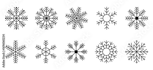 Cute snowflakes collection isolated on white background. Flat snow icons, silhouette. Nice element for Christmas banner, cards. New year ornament. Vector illustration
