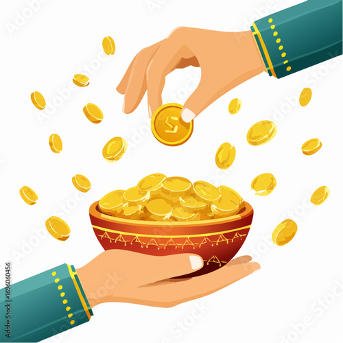 Generous hand drops golden coin into overflowing bowl held by another hand, symbolizing wealth transfer and financial abundance with scattered currency.