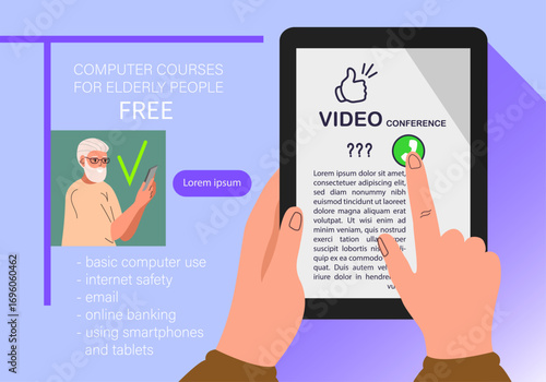 Technology concept for older people offering free support and workshops on topics such as basic computer use, internet safety, email, online banking. Vector illustration.