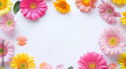 Colorful Flower Arrangement on a White Background Highlighting Pink, Yellow, ...