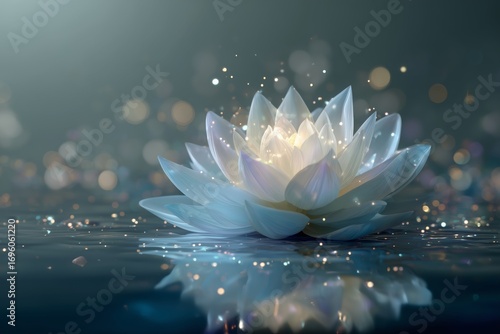 Lotus Flower Blooming in Serene Water With Sparkling Light Effects at Dusk