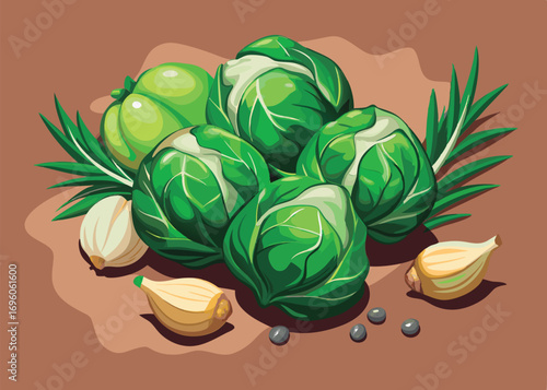Fresh Brussels sprouts and garlic.